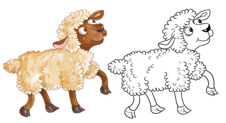 At the farm.  Coloring page. Coloring book. Cute and funny cartoon characters isolated on white background