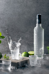 Bottle of vodka with splash shot glass on concrete background with copyspace.. Vertical format. - obrazy, fototapety, plakaty