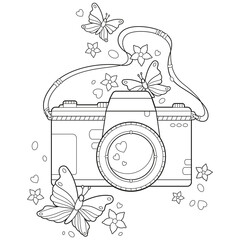 Black and white adult coloring page of a camera in boho style with butterflies and flowers