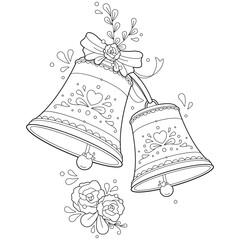 Black and white adult coloring page of two romantic ornate wedding bells with a bow and flowers