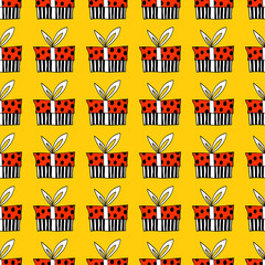 Vector Seamless pattern with contour gift box in doodle flat style. Hand drawn presents on holidays backgrounds and textures. For xmas, birthday, new year, greeting cards, wrapping paper, textile
