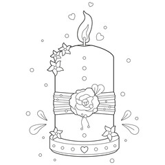 Black and white adult coloring page of decorative burning pillar candle with flowers