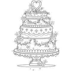 Black and white adult coloring page of decorative romantic wedding cake with flowers and a heart