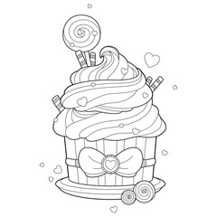 Black and white adult coloring page of decorative wedding cupcake with a bow and lollipop