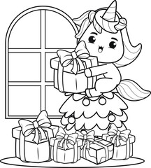 Christmas coloring book with cute unicorn