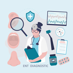 Set of various otolaryngological instruments. Woman treats diseases of ears and nose