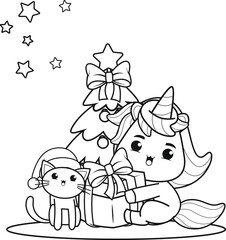 Christmas coloring book with cute unicorn