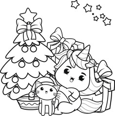 Christmas coloring book with cute unicorn