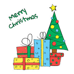 Vector illustration of merry christmas in doodle style. Multicolored gifts and Christmas tree