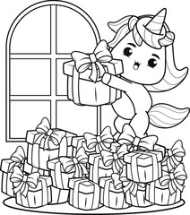 Christmas coloring book with cute unicorn