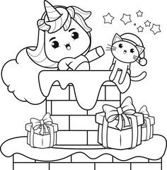 Christmas coloring book with cute unicorn