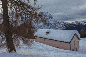 Illustration with oil painting technique of dolomite mountain hut in winter conditions. Selva di Cadore, Dolomites, Italy