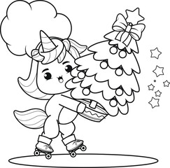 Christmas coloring book with cute unicorn
