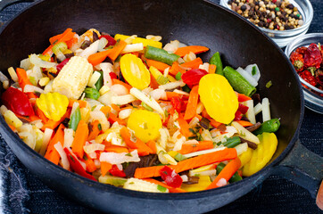 Seasonal vegetables platter in frying pan.Healthy food.Vegetarianism. Studio Photo.