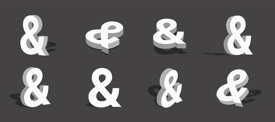 White ampersand 3d icon illustration with different views and angles