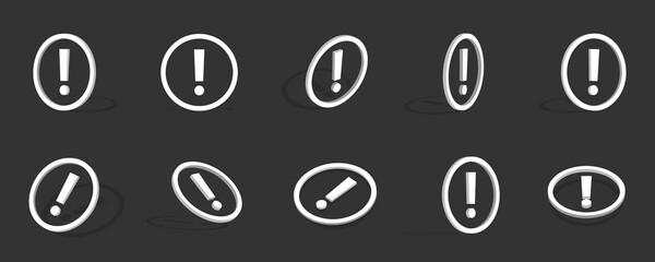 White exclamation mark 3d icon illustration with different views and angles
