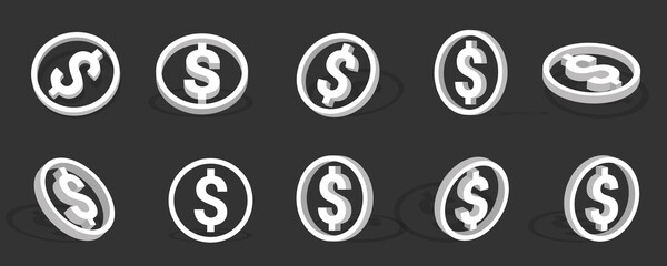 White dollar 3d icon illustration with different views and angles