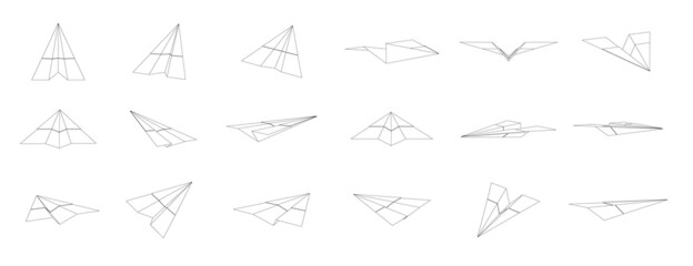 Paper plane outline illustration with different views and angles