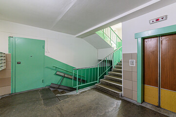 Russia, Moscow- May 04, 2020: interior public place, house entrance. doors, walls, staircase corridors