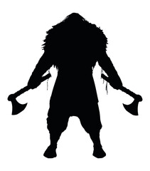 silhouette of a viking with axes. He is dressed in animal skins and looks ahead. 2D illustration.