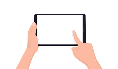 Obraz na płótnie Canvas Tablet in hand flat illustration. Hand holding black tablet and touching tablet screen. Man holding Tab smartphone. Online payment by Table computer holding in hand. tablet in male hands.