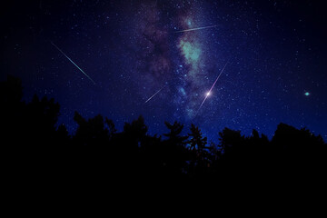 Evening sky with meteor, shooting stars and Milky Way.