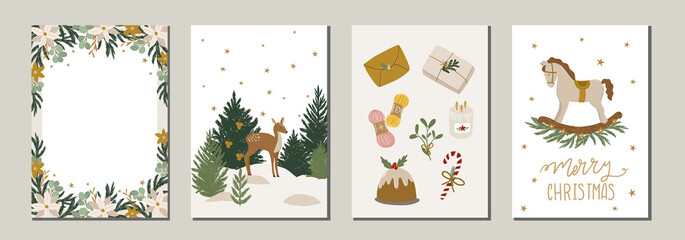 White Christmas card and poster wet for banner, card, stationery, invitation design. Festive collection of greeting cards with flowers,animal, christmas elements