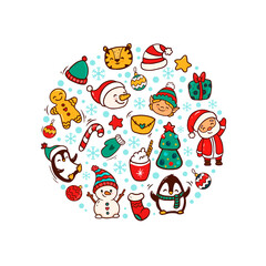 Christmas and New Year set of seasonal elements in circular shape. Hand drawn vector illustration. Christmas card. Christmas collection of  
winter elements 