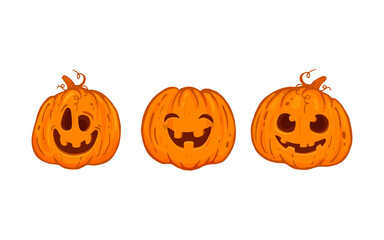 set of halloween pumpkins isolated on white, jack o lantern halloween