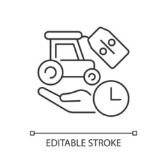 Rental equipment discounts linear icon. Small business incentive. Startups support. Thin line customizable illustration. Contour symbol. Vector isolated outline drawing. Editable stroke