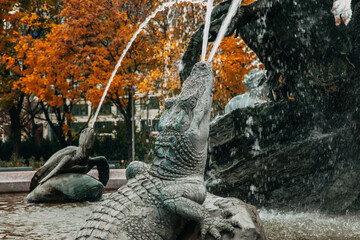 “Forckenbecken” Neptune Fountain by Reinhold Begas in autumn - Alexanderplatz - Rathausstrasse,...