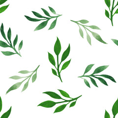 watercolor seamless pattern with green leaves, branches. For decoration and design, printing on paper, fabric, scrapbooking. Boho, rustic, botanical, natural style. Isolated on white background.