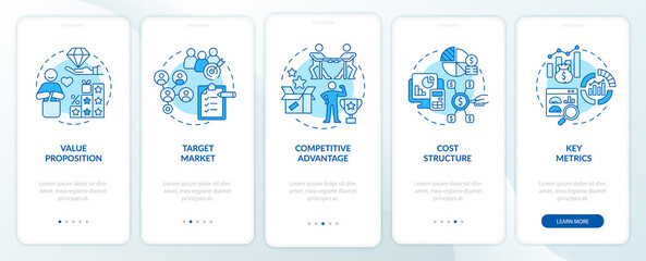 Business model components blue onboarding mobile app page screen. Company development walkthrough 5 steps graphic instruction with concepts. UI, UX, GUI vector template with linear color illustrations