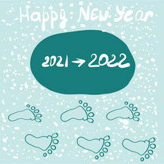 Footprints on a light turquoise background. Vector image of a New Year greeting card.