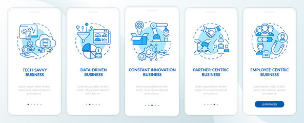 Fototapeta na wymiar Successful business models blue onboarding mobile app page screen. Company structure walkthrough 5 steps graphic instructions with concepts. UI, UX, GUI vector template with linear color illustrations