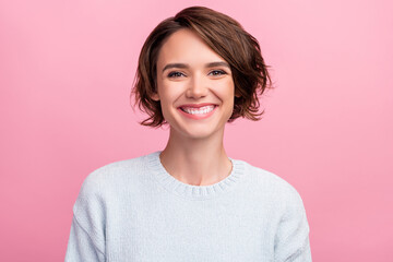 Photo of funny millennial brunette lady wear blue sweater isolated on pink color background