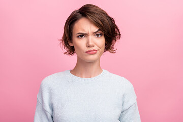 Photo of unhappy young woman bad mood irritated problem raise eyebrow isolated on pink color background - obrazy, fototapety, plakaty