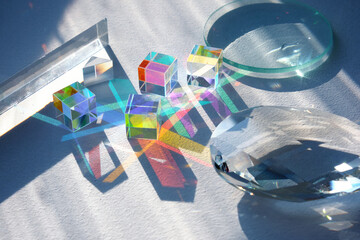 glass prisms and lenses in sunlight