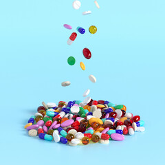 Different tablets and pills falling from above in a heap on a blue background. Production of drugs. Medical theme. 3d rendering. 