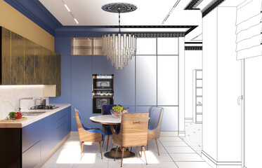 kitchen, interior visualization, 3D illustration, cg render