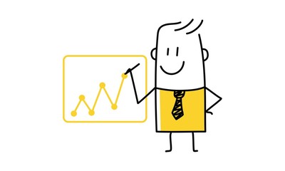 Stick man draws a graph of financial growth. Profit concept, growing business graph.