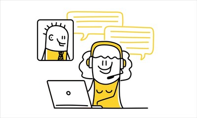 Stick figure woman sitting at table with a laptop, with headphones and a microphone.