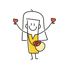 Stick figure girl gives hearts.