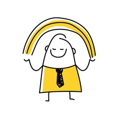 Stick man holding a rainbow in his hands.