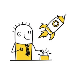 Stick man push rocket button, start new business or launch start up.