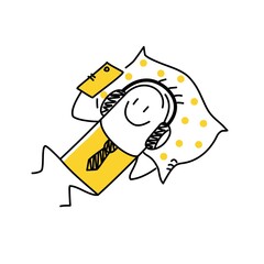 Stick man with headphones lies on a pillow and using phone.