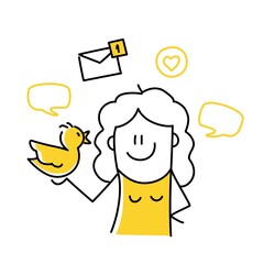 Social media. Stick figure woman holding bird.