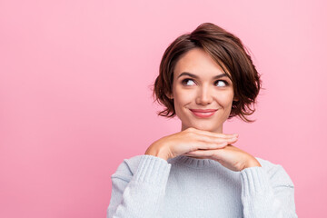 Photo of dreamy pretty happy young woman hold hand face look empty space imagine isolated on pink color background - obrazy, fototapety, plakaty