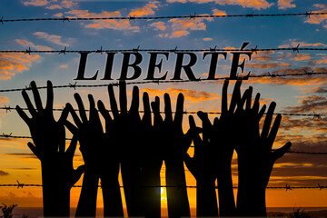 Mains levées en quête de liberté derrière barbelés 