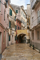 Corfu, Greece - 10.07.2021: View of the narrow streets of the historic Old Town of Corfu. High quality photo